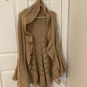 Hand crocheted tan shawl with bottoms